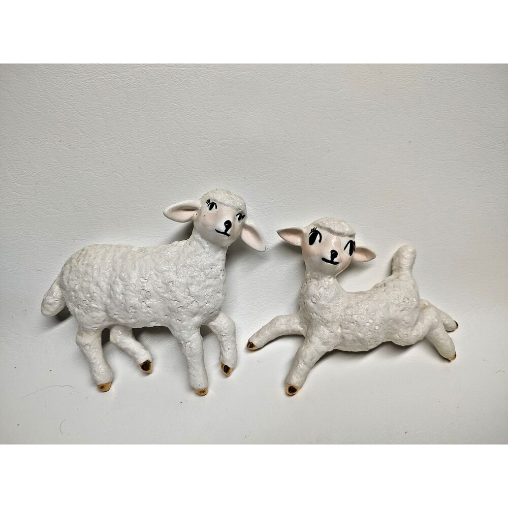 Pair Of Vintage Holland Mold Sheep Ceramic Wall Plaque Hanging Textured 5" Long